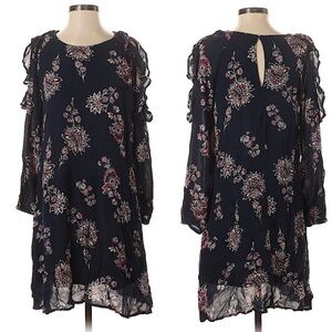 Old Navy Womens Dress Size Small P Blue Floral Ruffle Cold Shoulder Long Sleeve